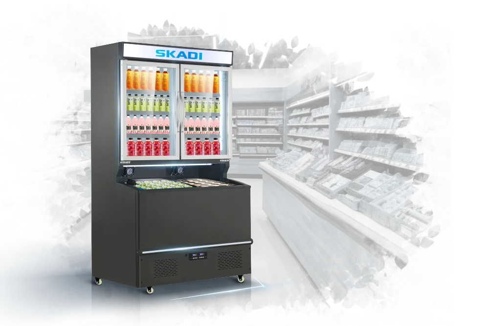 High-Capacity Combi Freezer for Corporate Solutions | DTFC-1080C by Skadi, displayed in a retail aisle with stocked shelves. The dual-temperature design accommodates beverages and frozen goods, making it versatile for commercial use with high-capacity requirements.